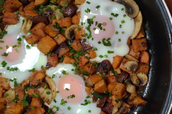 Sweet Potato Hash with Chorizo & Mushrooms