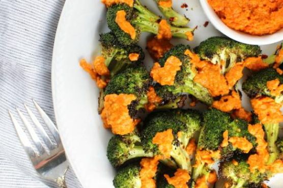 Grilled Broccoli with Garlic Roasted Red Pepper Sauce