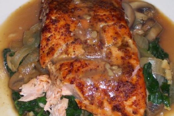 Asian Honey Mustard Salmon On Spinach and Mushrooms