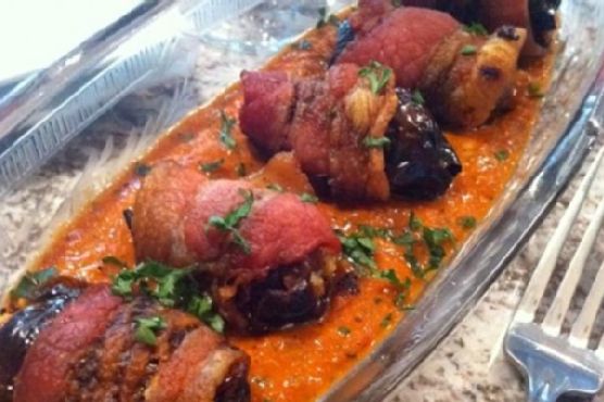 Bacon Wrapped Dates with Manchego, Romesco Sauce Bacon Wrapped Dates with Manchego, Romesco Sauce