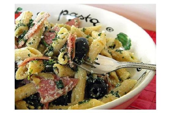Cheesy Lemon Pasta with Salami, Olives & Spinach Cheesy Lemon Pasta with Salami, Olives & Spinach