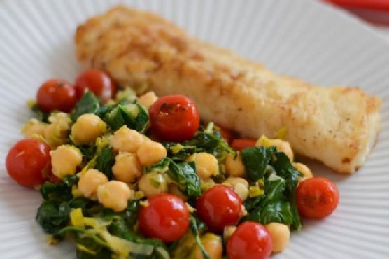 Cod with Chickpeas, Leeks, Baby Kale and Seared Cherry Tomatoes Cod with Chickpeas, Leeks, Baby Kale and Seared Cherry Tomatoes