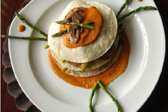 Corn Tortilla and Veggie Stacks With Red Pepper Coulis Corn Tortilla and Veggie Stacks With Red Pepper Coulis