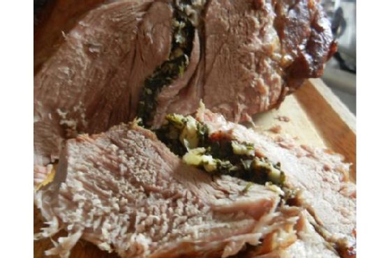 Garlic and Herb Pork Roast With Potatoes, Wilted Spinach, and Cooling Cucumber Cream Garlic and Herb Pork Roast With Potatoes, Wilted Spinach, and Cooling Cucumber Cream