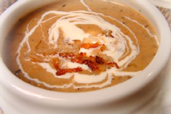 Golden Cream Of Mushroom Soup With Crispy Shallots & Creme Fraiche Golden Cream Of Mushroom Soup With Crispy Shallots & Creme Fraiche