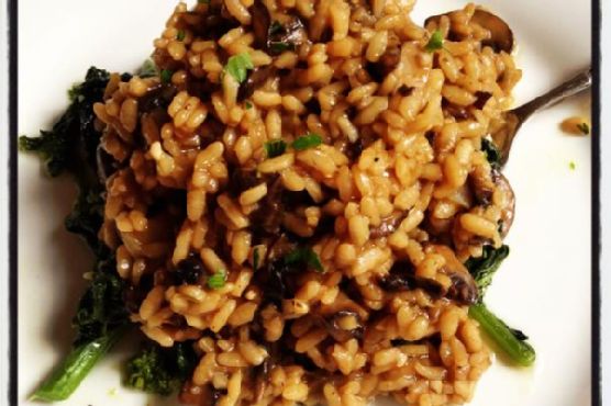Mushroom Risotto over Broccoli Rabe