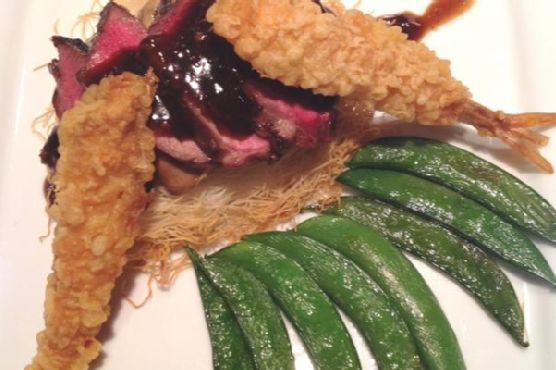 Oriental Filet Mignon on Crisp Kataifi with Shrimp Tempura Oriental Filet Mignon on Crisp Kataifi with Shrimp Tempura