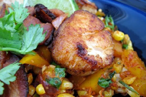 Pan Seared Shrimp & Scallops Over Bacon-Corn-Chile Relish