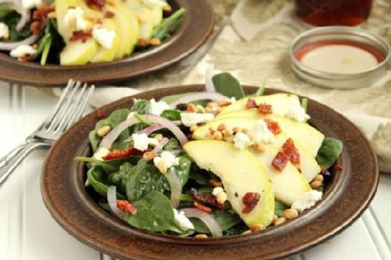 Pear, Goat Cheese and Spinach Salad with Warm Maple-Bacon Dressing