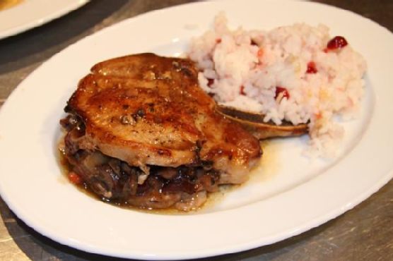 Pork Chops With Dried Cranberries, Mushrooms and Chestnut Stuffing