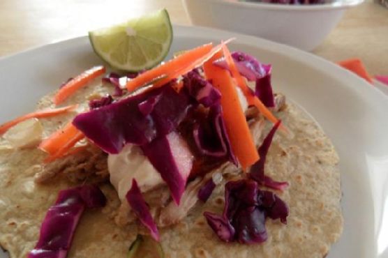 Pork Shoulder Tacos with Chipotle Greek Yogurt and Coleslaw