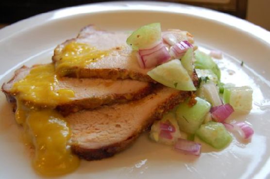 Pork Tenderloin With Mango-Kiwi Glaze Served With Tomatillo Salsa Pork Tenderloin With Mango-Kiwi Glaze Served With Tomatillo Salsa