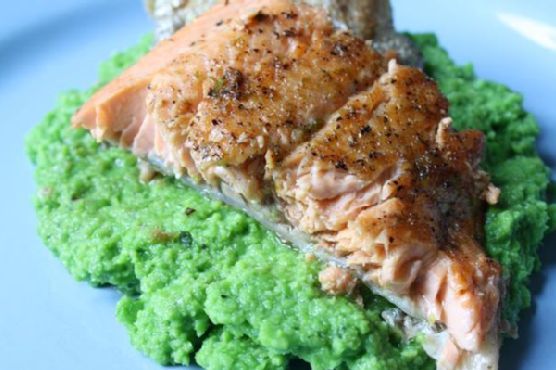 Rainbow trout with basil pea puree Rainbow trout with basil pea puree