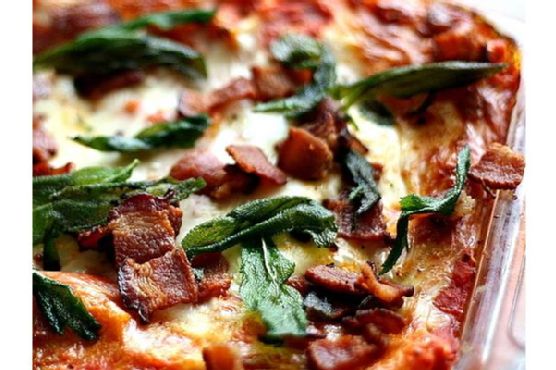 Roasted Butternut Squash Lasanga With Goat Cheese, Bacon, and Fried Sage