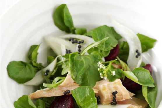 Salmon, Watercress, Fennel and Baby Beetroot Salad With Lemony "Caviar" Dressing Salmon, Watercress, Fennel and Baby Beetroot Salad With Lemony "Caviar" Dressing