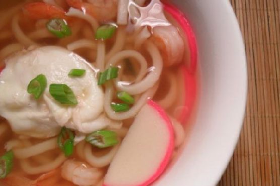 Shrimp Udon w Fish Cakes & Poached Egg