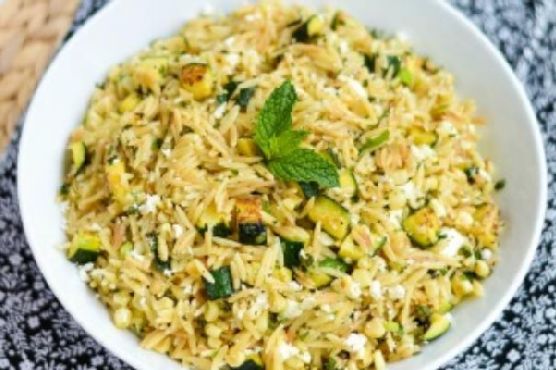 Skillet Orzo with Zucchini, Corn, Feta & Mint