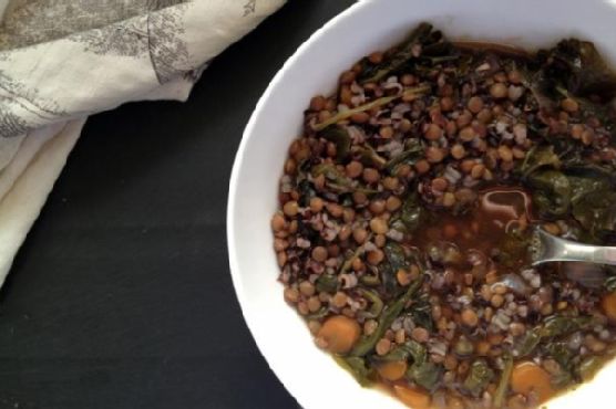Spicy lentil and black rice soup with kale, spinach and leek