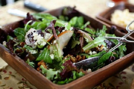 Spring Greens With Pears, Sugared Walnuts & Gorgonzola