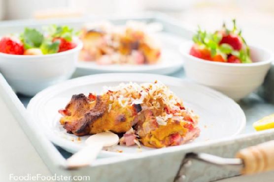 Strawberry And Vanilla Cream Bread Pudding with Toasted Coconut