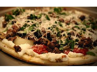 Elk Italian Sausage Pizza With Ricotta Cheese, Sautéd Mushrooms and Onion