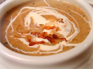 Golden Cream Of Mushroom Soup With Crispy Shallots & Creme Fraiche