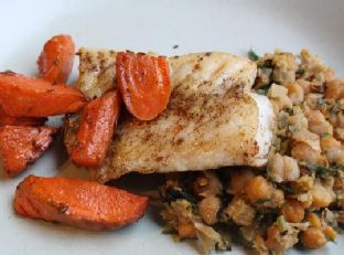 Laura Calder's Halibut With Brown Butter, Crushed Chickpeas With Olives and Roasted Cumin Carrots