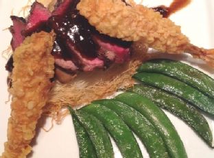 Oriental Filet Mignon on Crisp Kataifi with Shrimp Tempura