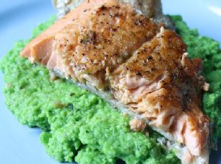 Rainbow trout with basil pea puree