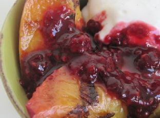 Grilled Peach Melba with Vanilla Bean Frozen Yogurt